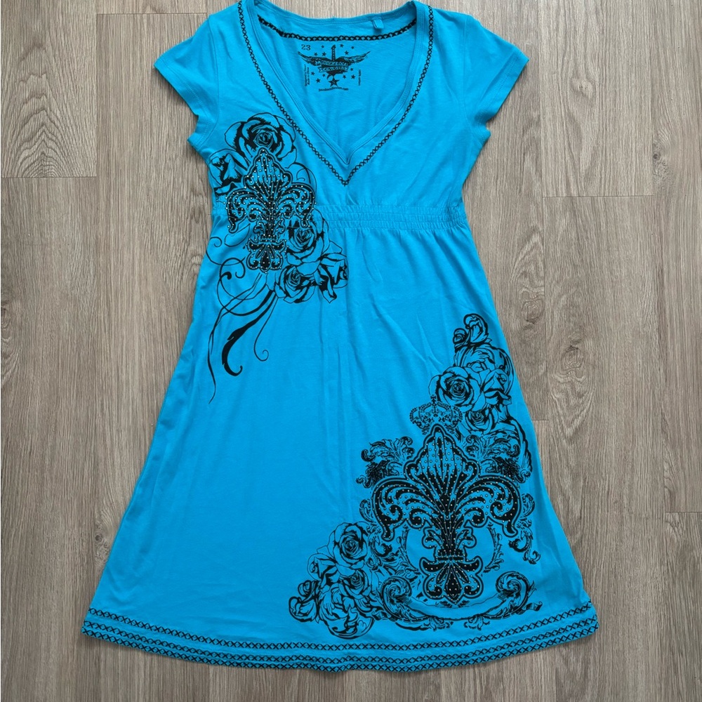 Rock & Roll Cowgirl Royal Blue V Neck Sexy Dress Small Studded